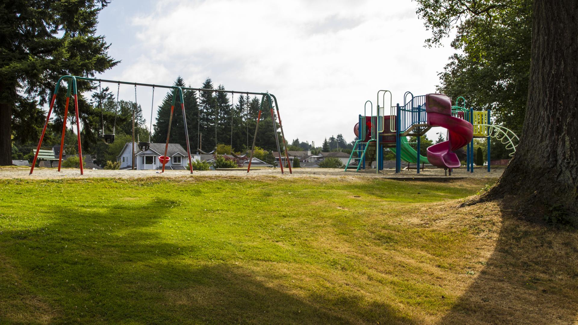A playground and two swing sets in a grassy park.